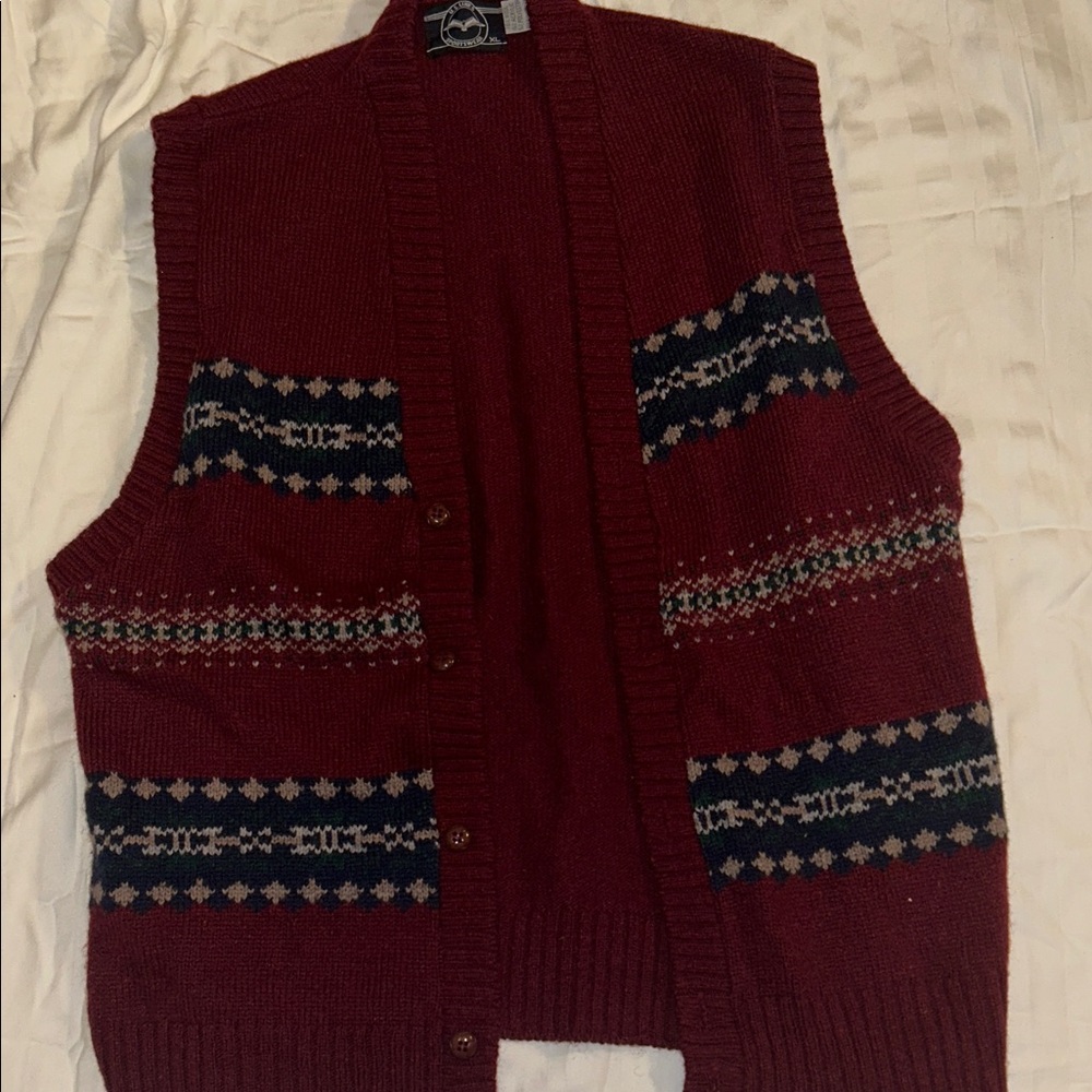Men's Burgundy Sweater Vest with Patterned Accents